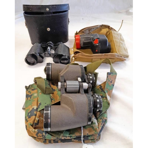 1290 - MILITARY MONOSCOPE, GREEN KART 8 X 40 BINOCULARS & A PAIR OF CARL ZEISS JENA DELTRINTEM 8 X 30 BINOC... 