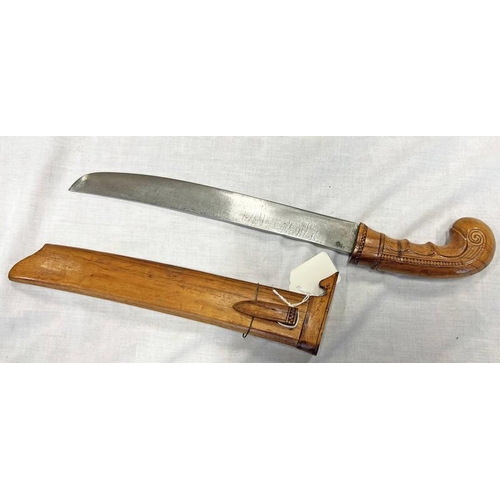 1315 - MALAYAN KNIFE WITH 26.3 CM LONG BLADE MARKED 'B' WITH CARVED WOOD GRIP AND SCABBARD