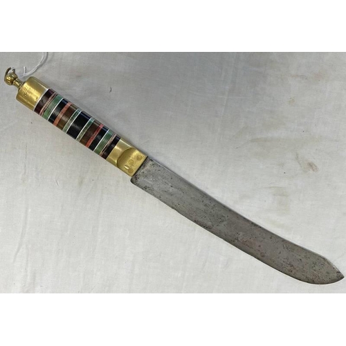 1321 - PETTY'S CELEBRATED LARGE KNIFE WITH 25.5 CM LONG SINGLE EDGED STEEL BLADE WITH MAKERS MARK, BRASS BO... 