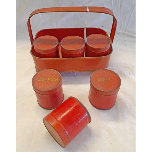 1343 - TOLEWARE SPICE CONTAINERS IN RACK, 20CM ACROSS