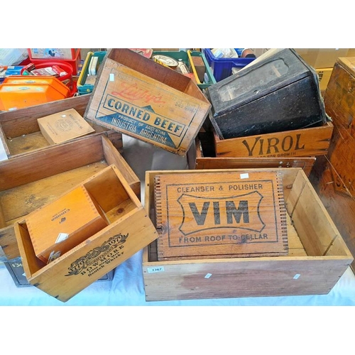 1367 - SELECTION OF WOODEN BOXES TO INCLUDE VIROL, CORNED BEEF, ETC