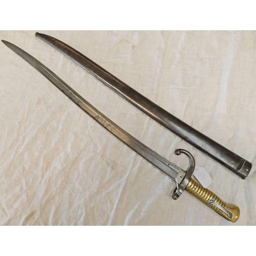 1372 - FRENCH 1866 CHASSEPOT YATAGHAN SWORD BAYONET STAMPED A & A5 ON BLADE RICASSO, CROSSGUARD & SCABBARD ... 