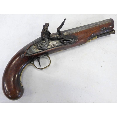 1387 - 16-BORE FLINTLOCK TRAVELLING PISTOL BY WOOLLEY & CO WITH A 15.5CM LONG SIGHTED OCTAGONAL BARREL, LOC... 