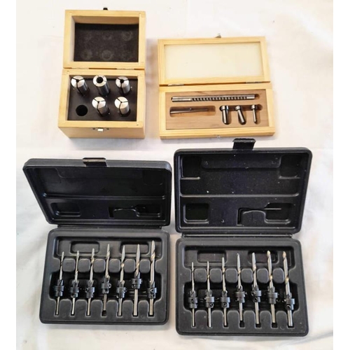 1403 - BOX OF COLLETS, 2 BOXES OF DRILL BITS AND WOOD CASED KEY WAY BROOCHES  -4-