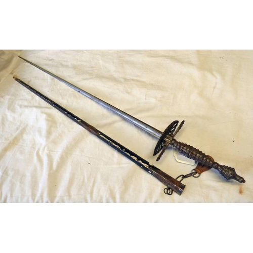 1426 - 19TH CENTURY COURT SWORD WITH 29'' LONG HOLLOW TRIANGULAR-SECTION BLADE, CUT STEEL HILT WITH OPEN WO... 