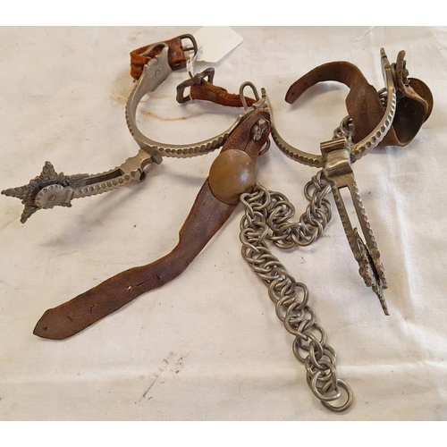 1431 - PAIR OF SOUTH AMERICAN ROWEL SPURS WITH STAR SHAPED ROWELS, DOWN CURVED NECK & ARCHED HEEL BAND, DEC... 