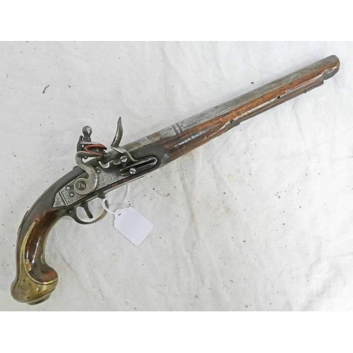 1435 - 20 BORE TURKISH FLINTLOCK HOLSTER PISTOL WITH 29.3CM LONG TWO STAGE BARREL, BREECH STAMPED WITH CRES... 