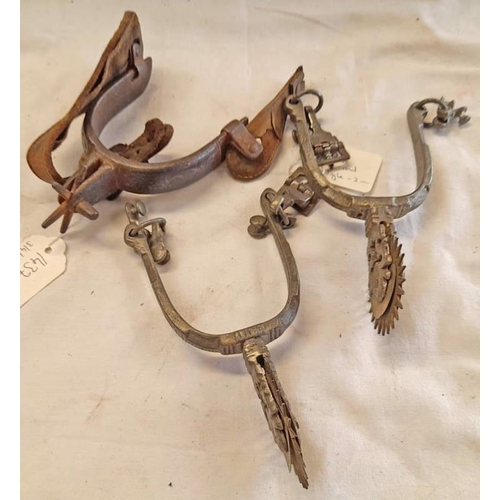 1437 - PAIR OF SOUTH AMERICAN ROWEL SPURS & 1 OTHER SPUR, PAIR WITH MULTI-POINTED ROWEL, PIERCED ORNATE BOD... 