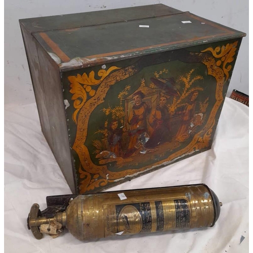 1451 - LOWE & CO GLASGOW METAL BOX WITH PAINTED ORIENTAL SCENE TO FRONT, 37 X 29 X 31 CM & A PYRENE EXTINGU... 