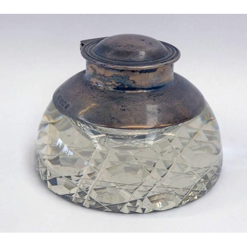 15 - CUT GLASS INKWELL WITH SILVER TOP, BIRMINGHAM 1908