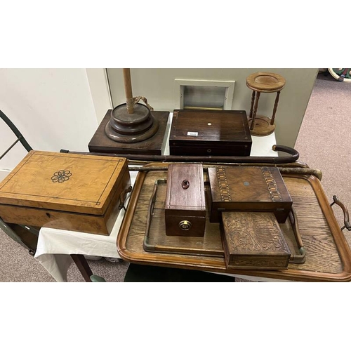 1642 - SERVING TRAYS, MOTHER OF PEARL INLAID BOX, WALKING STICKS, ETC