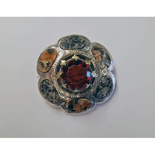 19 - SCOTTISH SILVER GRANITE & GEM SET BROOCH, UNMARKED - 5CM DIAMETER