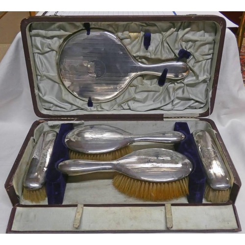 2 - CASED SILVER 5-PIECE SILVER DRESSING TABLE SET, MARKS RUBBED