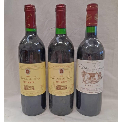 2019 - 3 BOTTLES : 2 BOTTLES MARQUIS DU GREZ 1990 BUZET & 1 BOTTLE CHATEAU BAUVALLON 2005 BORDEAUX