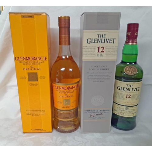 2084 - 2 BOTTLES SINGLE MALT WHISKY: GLENMORANGIE THE ORIGINAL - 70CL, 40% VOL BOXED & GLENLIVET 12 YEAR OL... 