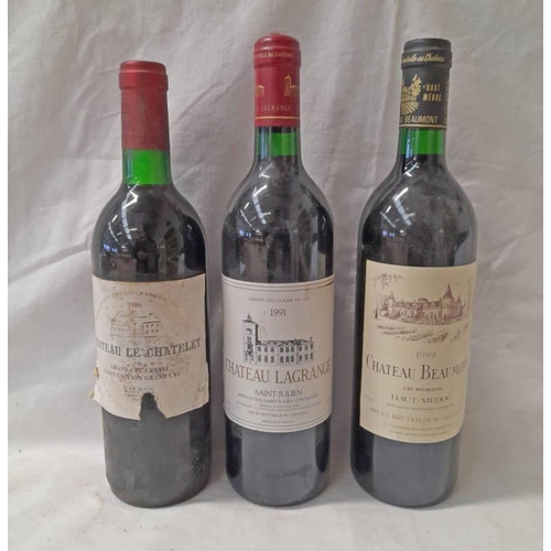 2087 - 3 BOTTLES RED WINE : CHATEAU LE CHATELET 1986 SAINT - EMILION, CHATEAU BEAUMONT 1989, CHATEAU LA GRA... 