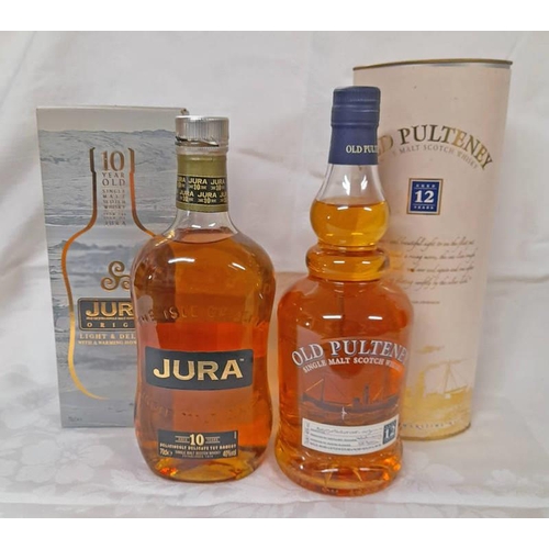 2091 - 2 BOTTLES OF SINGLE MALT WHISKY : OLD PULTENEY 12 YEAR OLD - 70CL, 40% VOL IN TUBE & JURA 10 YEAR OL... 