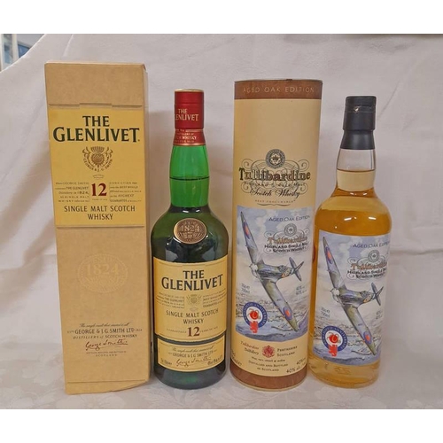 2094 - 2 BOTTLES OF SINGLE MALT WHISKY : GLENLIVET 12 YEAR OLD - 700ML, 40% VOL. BOXED & TULLIBARDINE AGED ... 