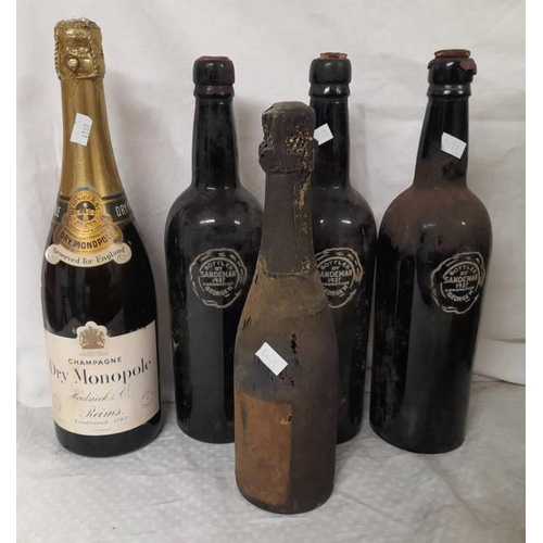 2099 - 1 BOTTLE HEIDSIECK & CO. DRY MONOPOLE CHAMPAGNE, 3 EMPTY BOTTLES OF JUBILEE SANDEMAN 1935 GEORGE V V... 