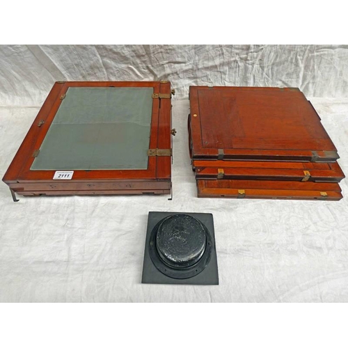 2111 - MAHOGANY & BRASS FOLDING PLATE CAMERA WITH ANASTISMAT 14 INCH LENSE