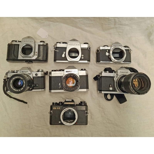 2117 - 7 35MM CAMERAS INCLUDING CANON AT-1 WITH 35-70MM LENSE, NIKOMAT WITH 35-105MM LENSE, PENTAX ASAHI, P... 