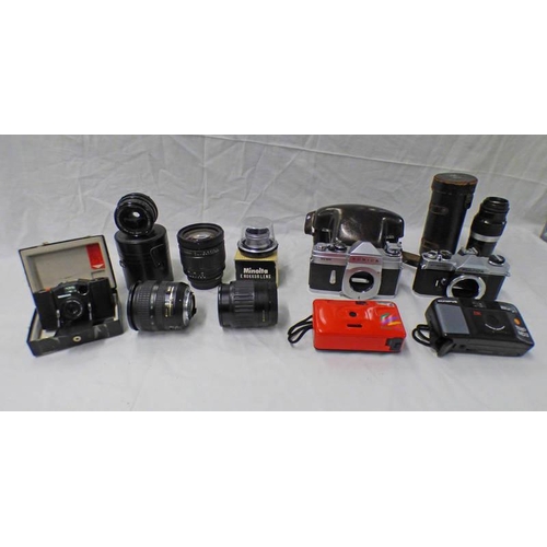 2131 - SELECTION OF VARIOUS CAMERAS & CAMERA LENSES TO INCLUDE FUJI ST 605N, KONICA FP, SIGMA MINI-WIDE 28M... 