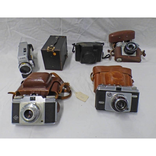 2140 - SELECTION OF 6 CAMERAS/CAMCORDERS TO INCLUDE HALINA ROLLS WITH 45 MM LENS, ILFORD SPORTSMAN WITH 45 ... 