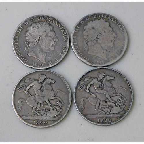 2229 - TWO 1819 GEORGE III CROWNS & TWO 1822 GEORGE IV CROWNS