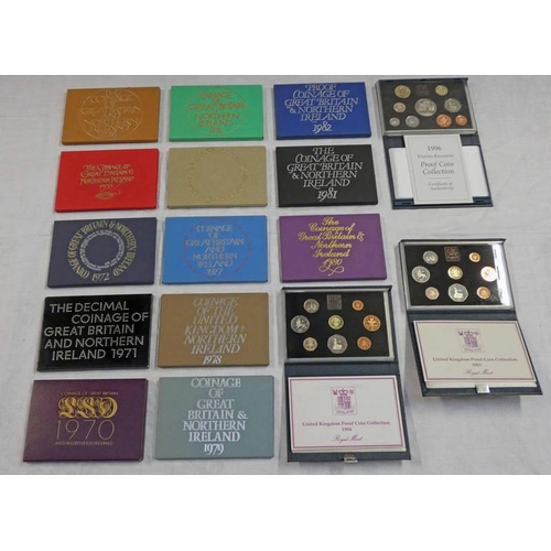 2231 - 16 X UK PROOF COIN SETS TO INCLUDE 1970-1984 & 1996, ALL IN ROYAL MINT CASES OF ISSUE