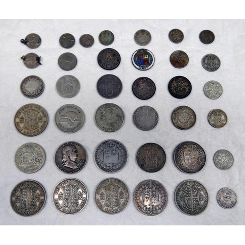 2235 - SELECTION OF WORLD COINAGE TO INCLUDE 1697 WILLIAM III SHILLING, 1888 & 1890 VICTORIA HALF CROWNS, 1... 