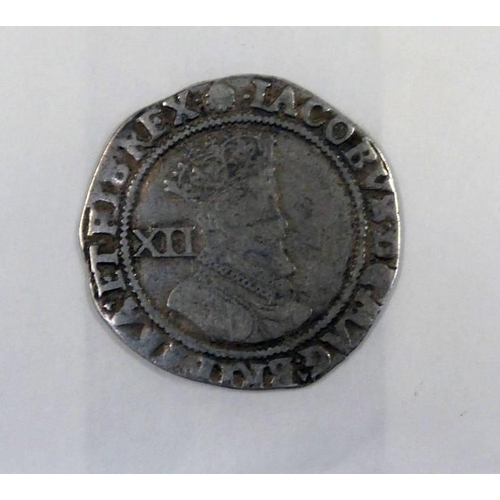 2247 - 1604-1619 JAMES I SILVER HAMMERED SHILLING, SECOND COINAGE, FOURTH BUST, POSSIBLY 1606-07 ESCALLOP O... 