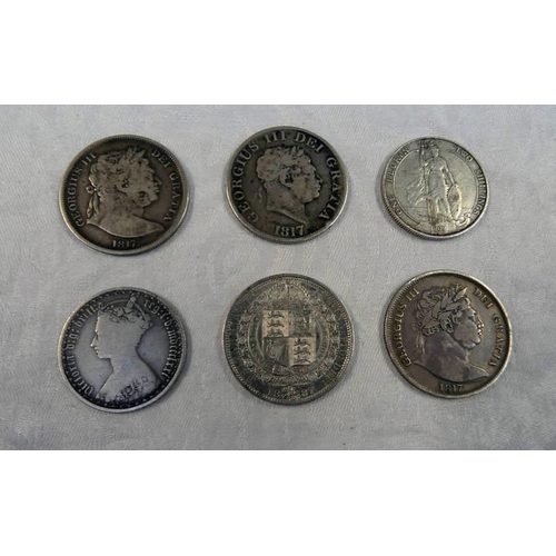 2252 - 3 X 1817 GEORGE III HALFCROWNS, 1887 VICTORIA HALFCROWN, 1871 VICTORIA GOTHIC FLORIN & A 1902 EDWARD... 