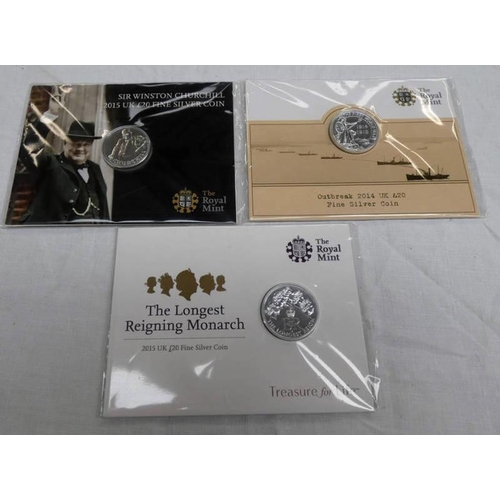 2253 - 3 X UK COMMEMORATIVE SILVER £20 COINS TO INCLUDE 2014 CENTENARY OF THE OUTBREAK OF WW1, 2015 50TH AN... 