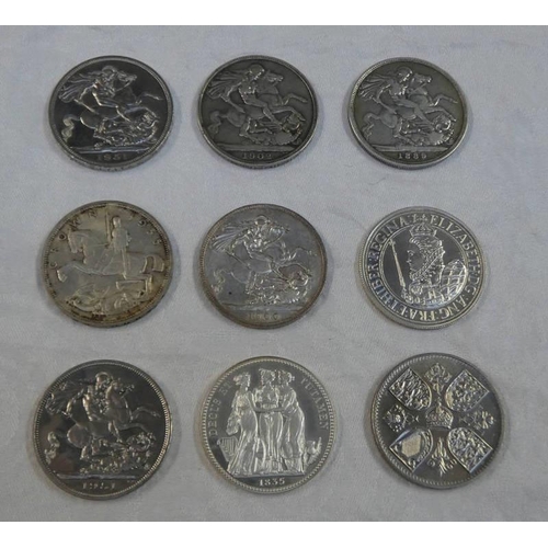 2262 - SELECTION OF 9 CROWN SIZED COINS TO INCLUDE 1889 & 1900 VICTORIA CROWNS, 1902 EDWARD VII CROWN, 1935... 