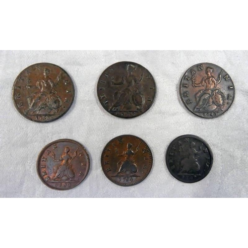 2272 - 1733, 1743 & 1753 GEORGE II HALFPENNIES TOGETHER WITH 1731, 1741 & 1754 GEORGE II FARTHINGS