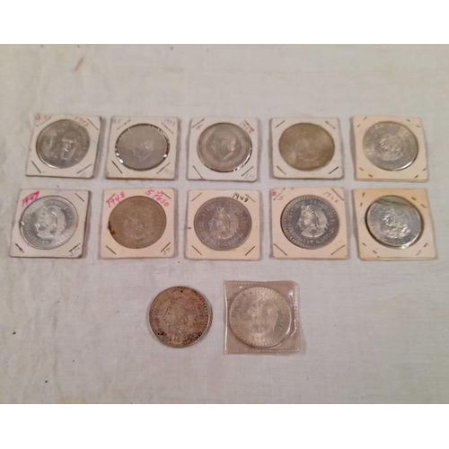 2290 - 12 X MEXICAN SILVER COINS TO INCLUDE 7 X 1947/48  5 PESOS, 1952, 1953, 1957 & 1959 5 PESOS AND A 196... 