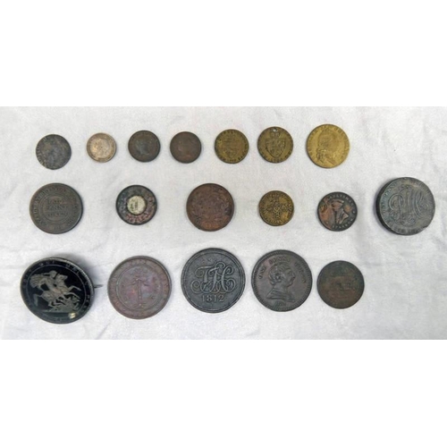 2339 - COLLECTION OF VARIOUS NUMISMATIC ITEMS TO INCLUDE 1811 BRISTOL COPPER PENNY TOKEN, OTHER BRITISH TOK... 