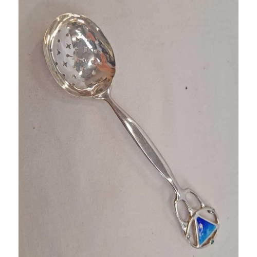 26 - ART NOUVEAU SILVER SIFTER SPOON WITH BLUE TRIANGULAR ENAMEL PANEL BY WILLIAM HOLMES, BIRMINGHAM 1906