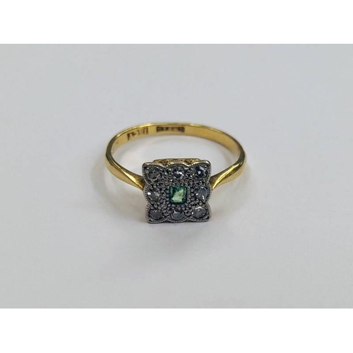 37 - EARLY 20TH CENTURY 18CT GOLD EMERALD & DIAMOND CLUSTER RING