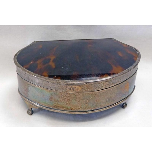 41 - SILVER TORTOISESHELL LIDDED JEWELLERY BOX WITH FITTED INTERIOR, BIRMINGHAM 1922 - 13CM WIDE