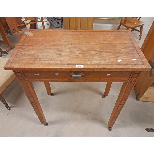 5047 - OAK SIDE TABLE WITH DECORATIVE POKER WORK & SINGLE DRAWER ON SQUARE SUPPORTS. 79CM TALL X 74 CM WIDE