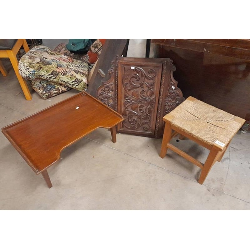 5051 - MAHOGANY TRAY TOPPED FOLDING TABLE ,DECORATIVE CARVED PANEL & ROPEWORK TOPPED STOOL