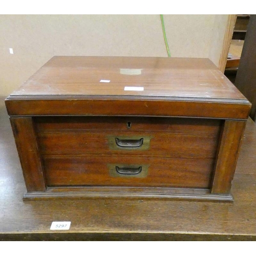 5052A - LATE 19TH CENTURY MAHOGANY DISPLAY BOX WITH BRASS INLAY, LIFT-TOP, 2 DRAWERS & BRASS FIXTURES INITIA... 