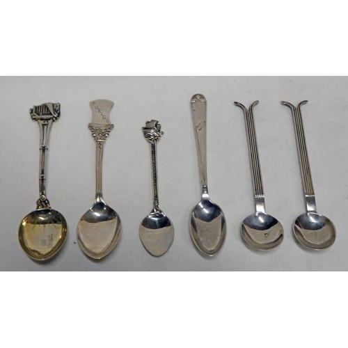 53 - 6 VARIOUS NOVELTY SILVER TEASPOONS - 75G