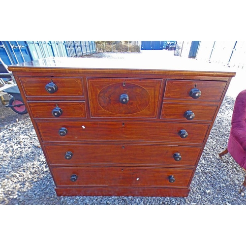 5494 - 19TH CENTURY INLAID MAHOGANY CHEST OF 2 SHORT , 2 DEEP & 3 LONG DRAWERS. 122 CM WIDE