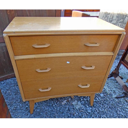 5495 - G PLAN OAK CHEST OF 3 DRAWERS ON TAPERED SUPPORTS 84 CM TALL X 77 CM WIDE