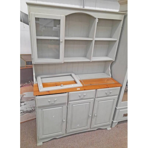 5497 - PAINTED PINE DRESSER WITH SHELF BACK WITH 2 GLAZED PANEL DOORS OVER BASE OF 3 DRAWERS & 3 PANEL DOOR... 