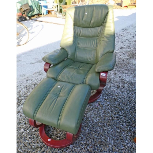 5498 - GREEN LEATHER SWIVEL ARMCHAIR WITH MATCHING STOOL