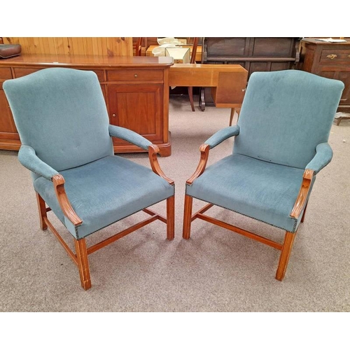 5503 - PAIR OF MAHOGANY FRAMED OPEN ARMCHAIRS ON SQUARE SUPPORTS.