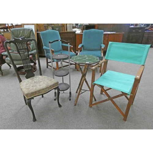 5506 - FOLDING DIRECTORS CHAIR, BAMBOO TABLE WITH TILE INSET TOP, FOLDING CAKE STAND ETC.